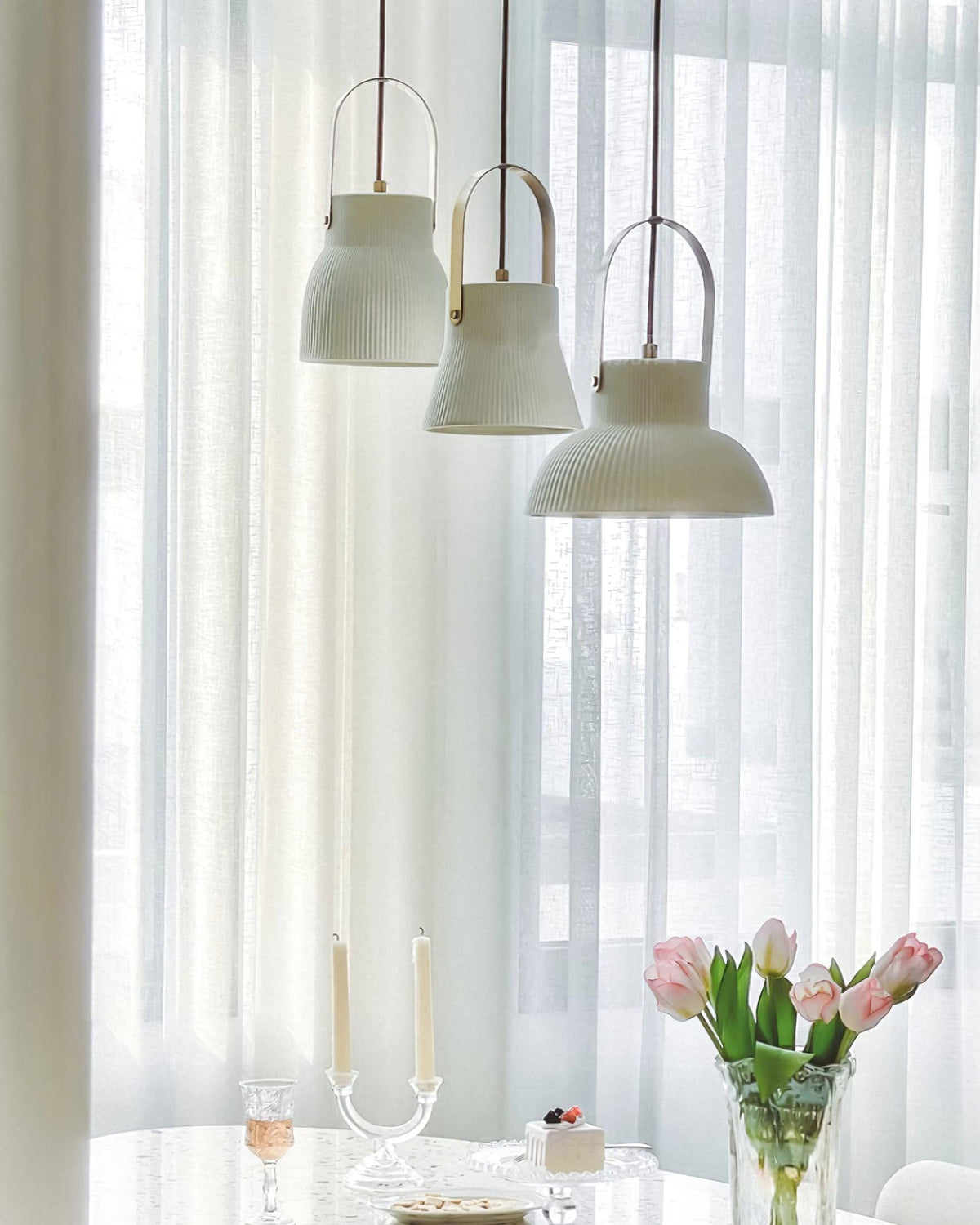 Pendant Lamp Ribbed White Ceramic with Brass Handle-Neutral Decor