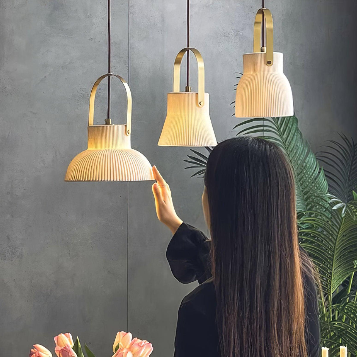Pendant Lamp Ribbed White Ceramic with Brass Handle-Neutral Decor