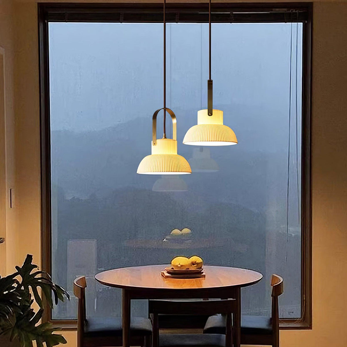 Pendant Lamp Ribbed White Ceramic with Brass Handle-Neutral Decor