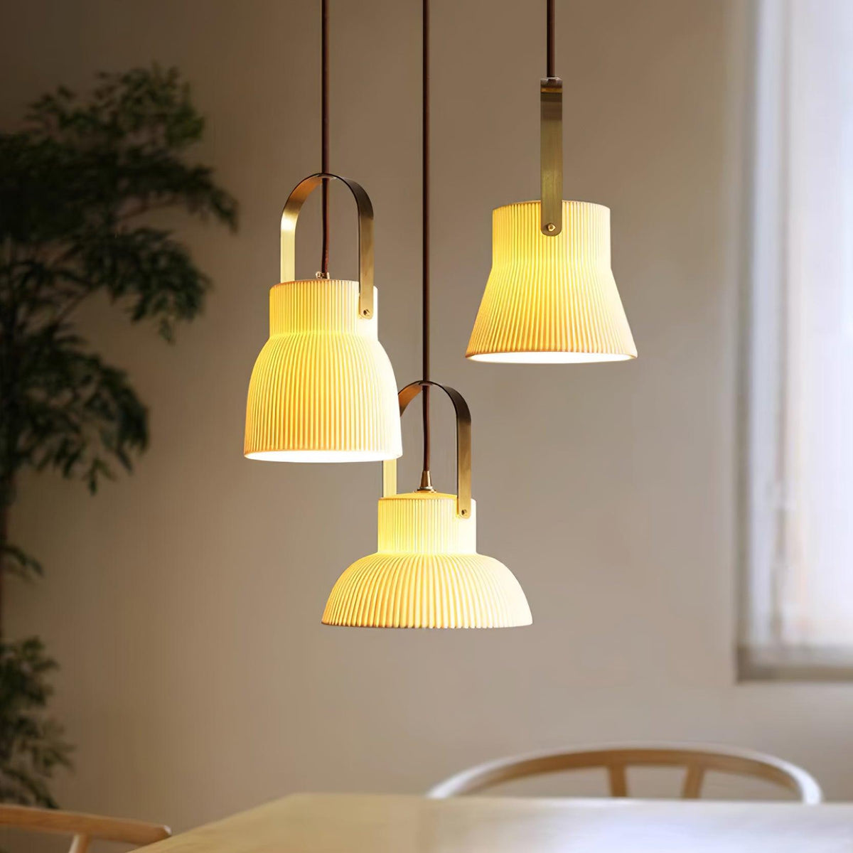 Pendant Lamp Ribbed White Ceramic with Brass Handle-Neutral Decor