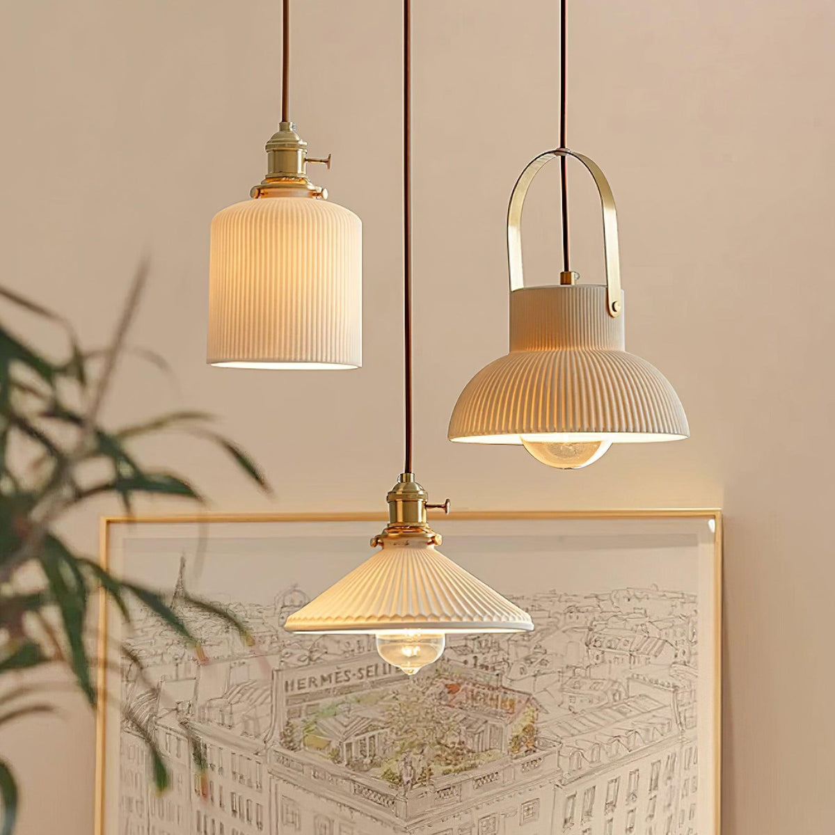 Pendant Lamp Ribbed White Ceramic with Brass Handle-Neutral Decor