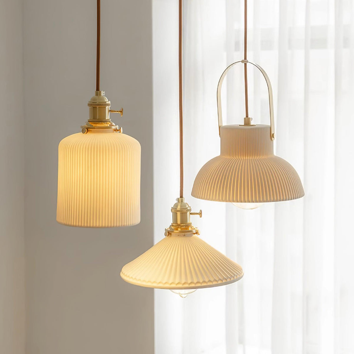 Pendant Lamp Ribbed White Ceramic with Brass Handle-Neutral Decor