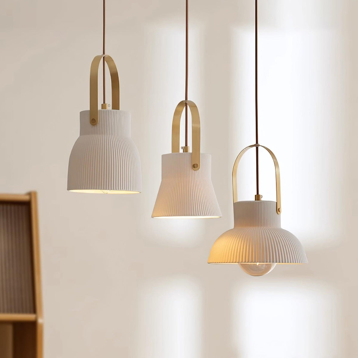 Pendant Lamp Ribbed White Ceramic with Brass Handle-Neutral Decor