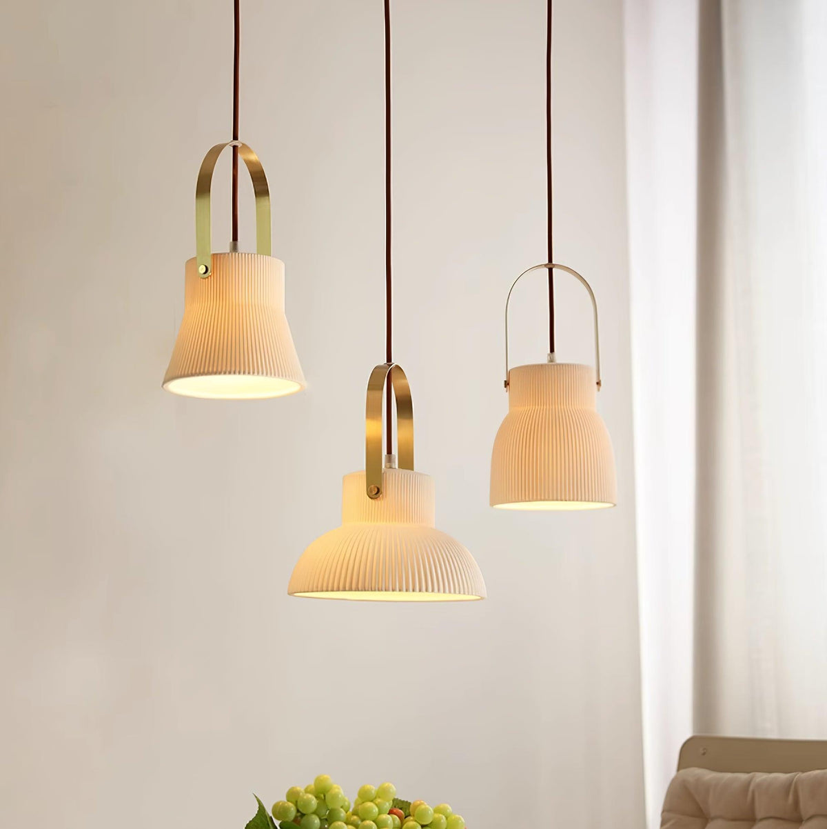 Pendant Lamp Ribbed White Ceramic with Brass Handle-Neutral Decor