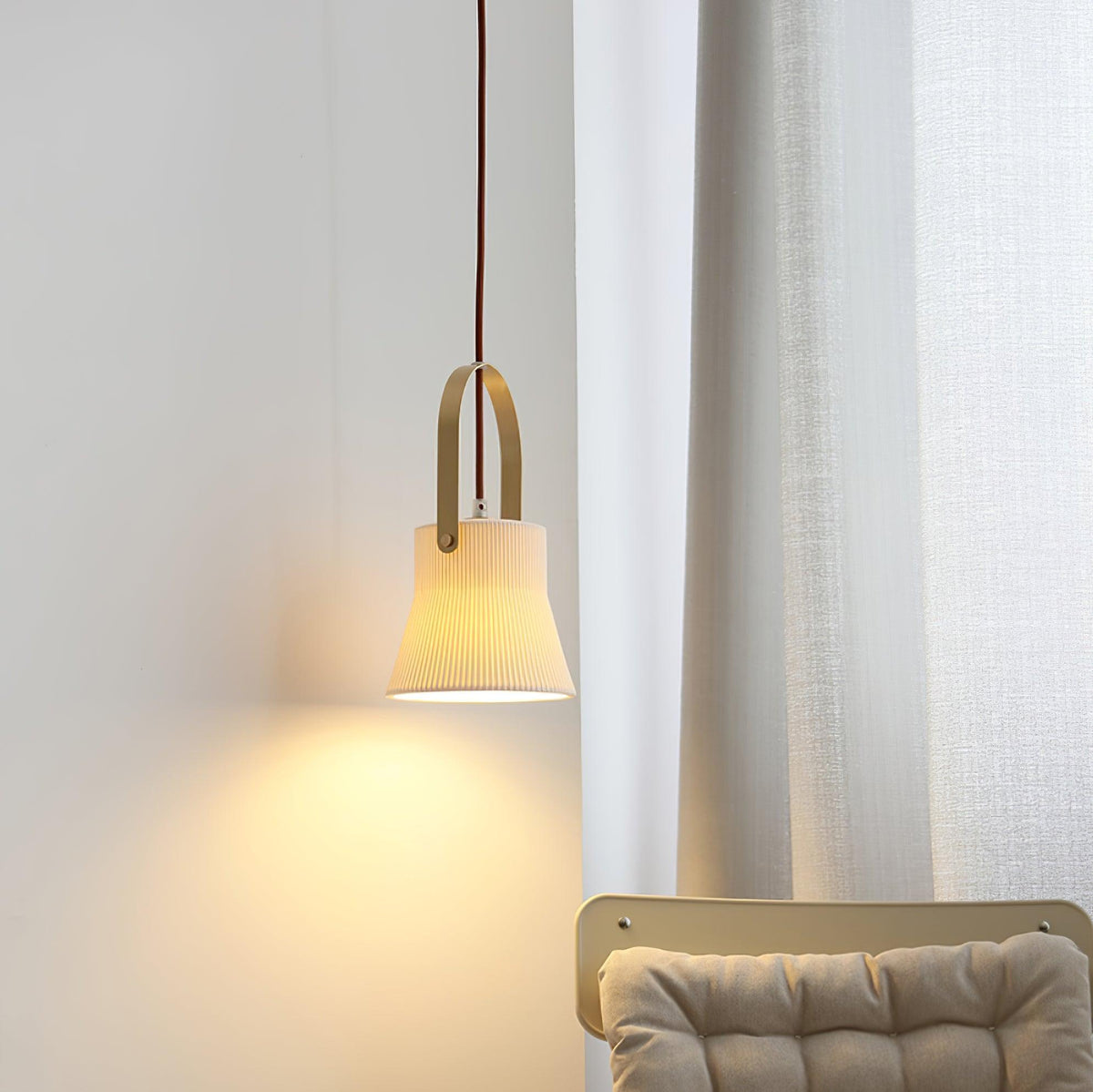 Pendant Lamp Ribbed White Ceramic with Brass Handle-Neutral Decor