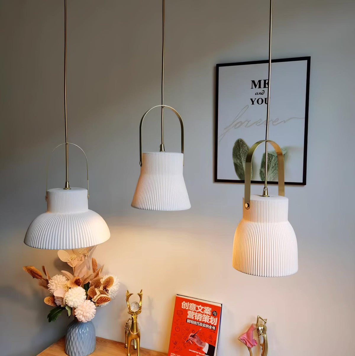 Pendant Lamp Ribbed White Ceramic with Brass Handle-Neutral Decor