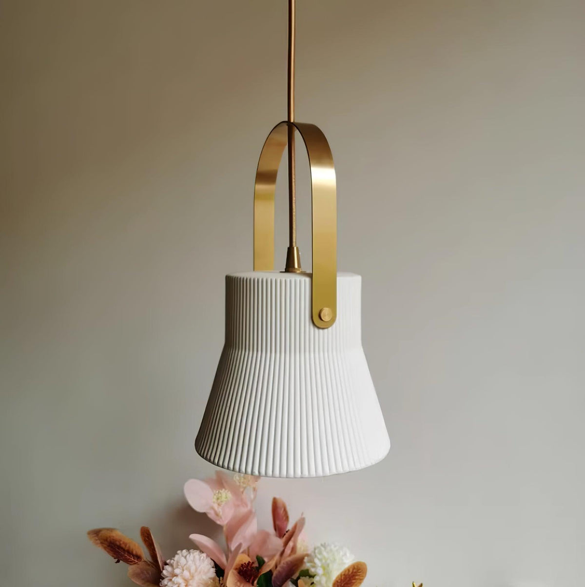 Pendant Lamp Ribbed White Ceramic with Brass Handle-Neutral Decor