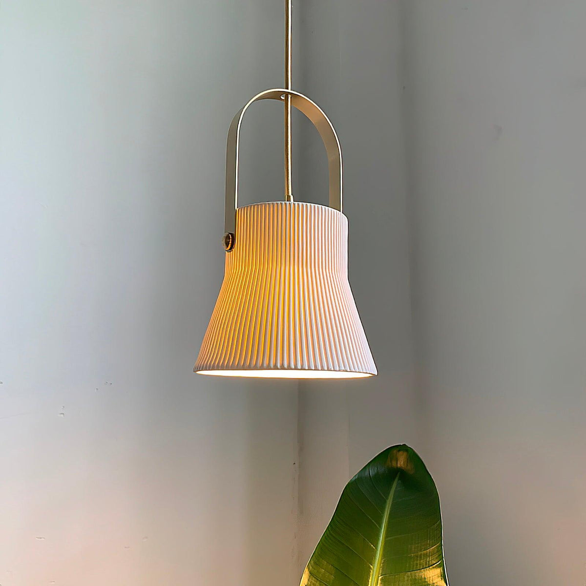 Pendant Lamp Ribbed White Ceramic with Brass Handle-Neutral Decor