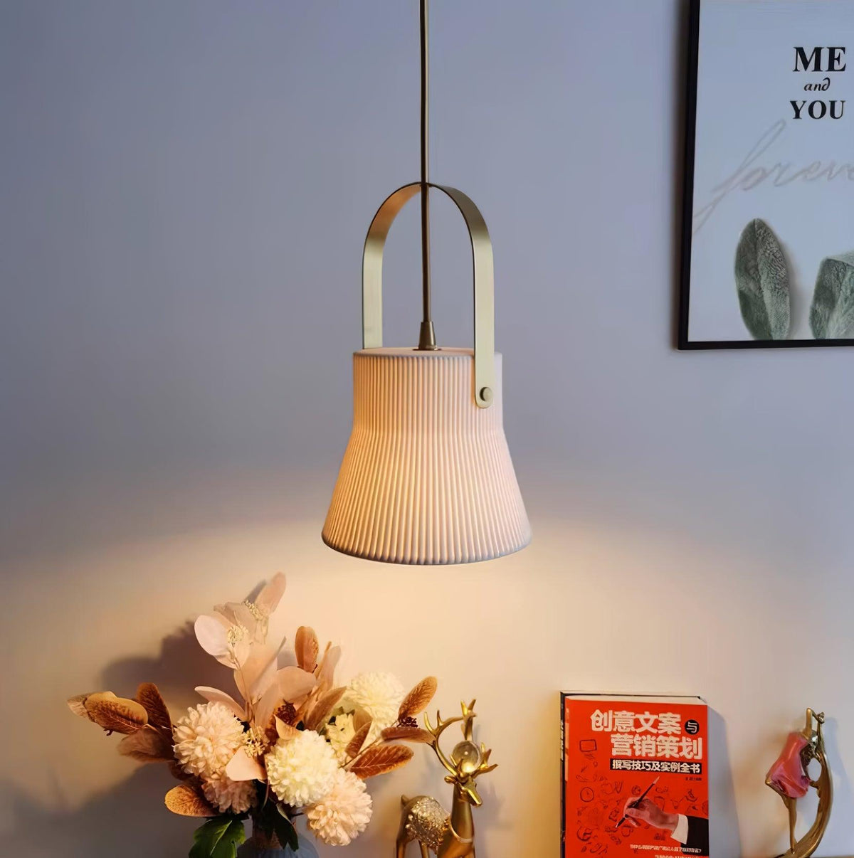 Pendant Lamp Ribbed White Ceramic with Brass Handle-Neutral Decor