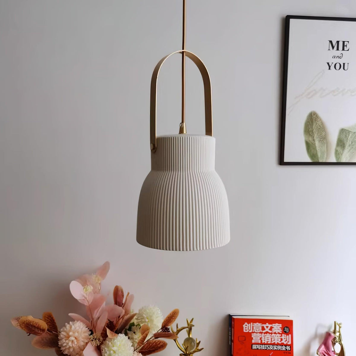 Pendant Lamp Ribbed White Ceramic with Brass Handle-Neutral Decor