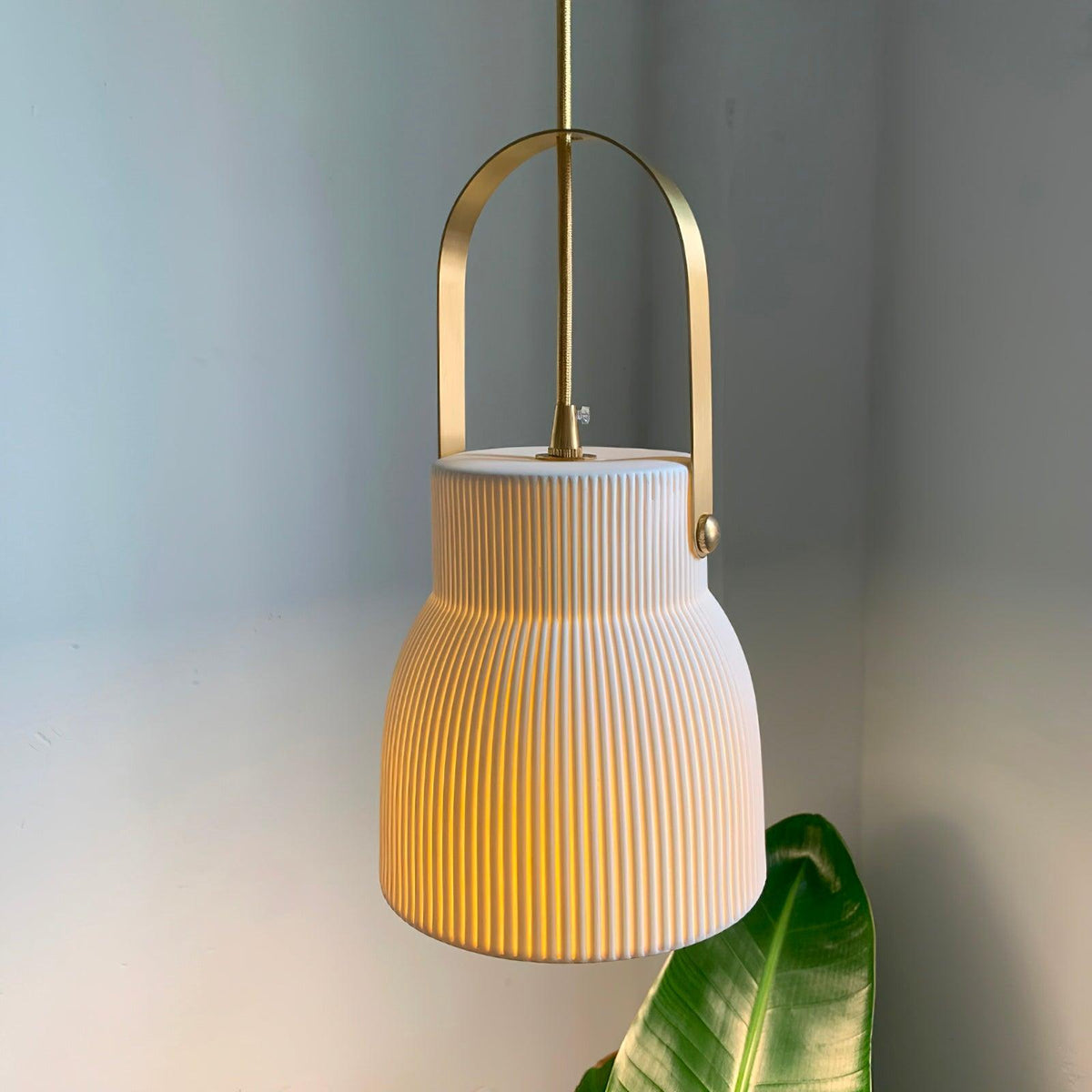 Pendant Lamp Ribbed White Ceramic with Brass Handle-Neutral Decor