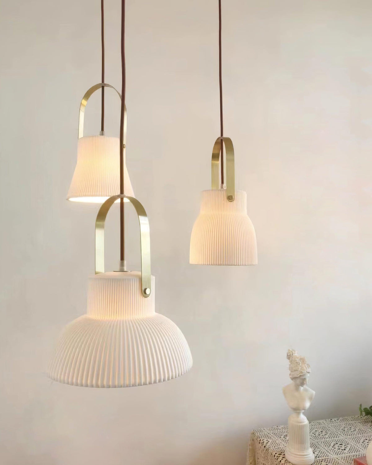Pendant Lamp Ribbed White Ceramic with Brass Handle-Neutral Decor