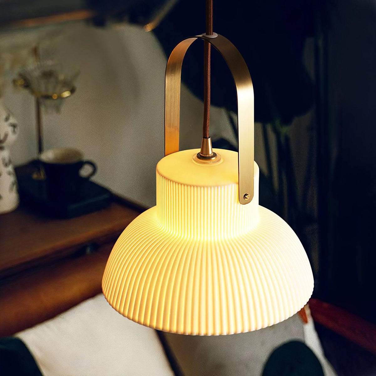 Pendant Lamp Ribbed White Ceramic with Brass Handle-Neutral Decor