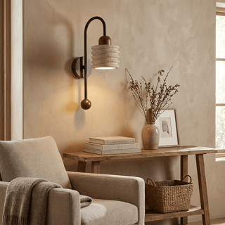 Ribbed Travertine Arc Sconce-Neutral Decor