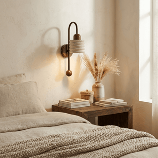 Ribbed Travertine Arc Sconce-Neutral Decor