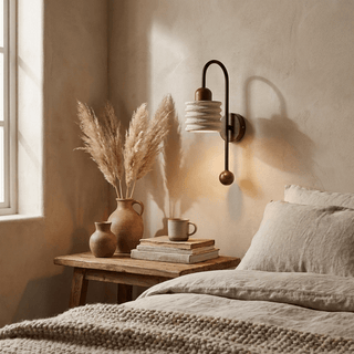 Ribbed Travertine Arc Sconce-Neutral Decor