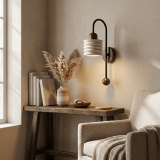 Ribbed Travertine Arc Sconce-Neutral Decor