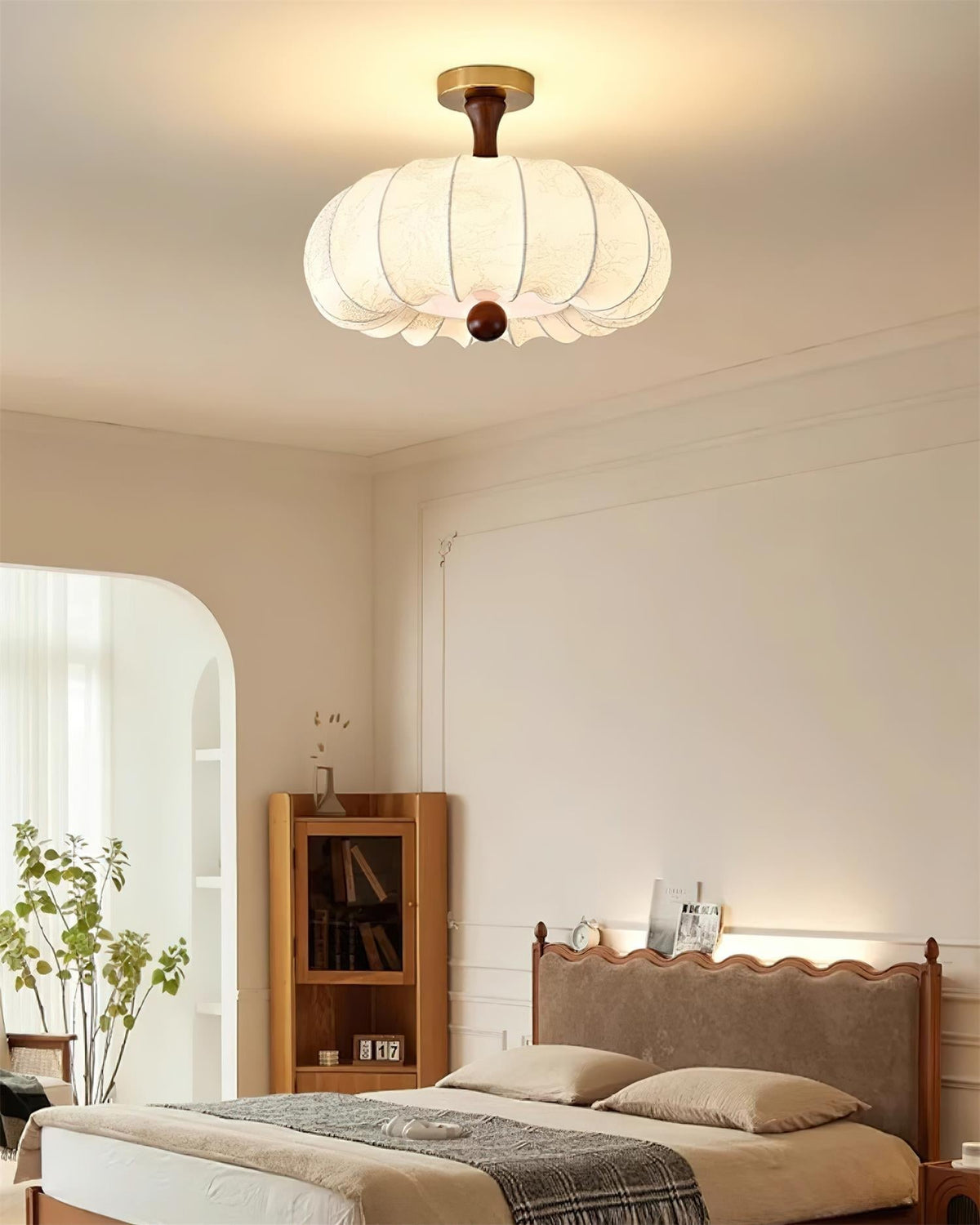 Ceiling Light Scalloped Fabric Shade Walnut Wood Canopy Vintage-Neutral Decor
