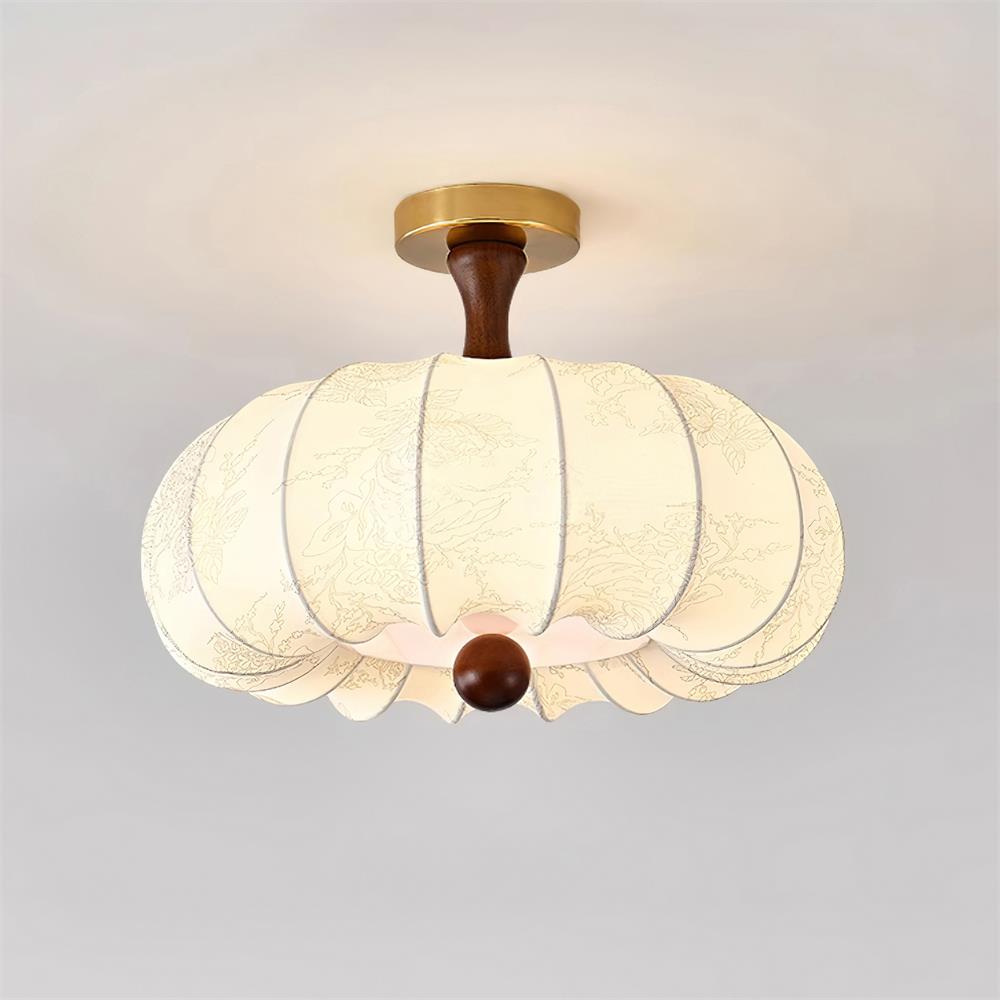 Ceiling Light Scalloped Fabric Shade Walnut Wood Canopy Vintage-Neutral Decor