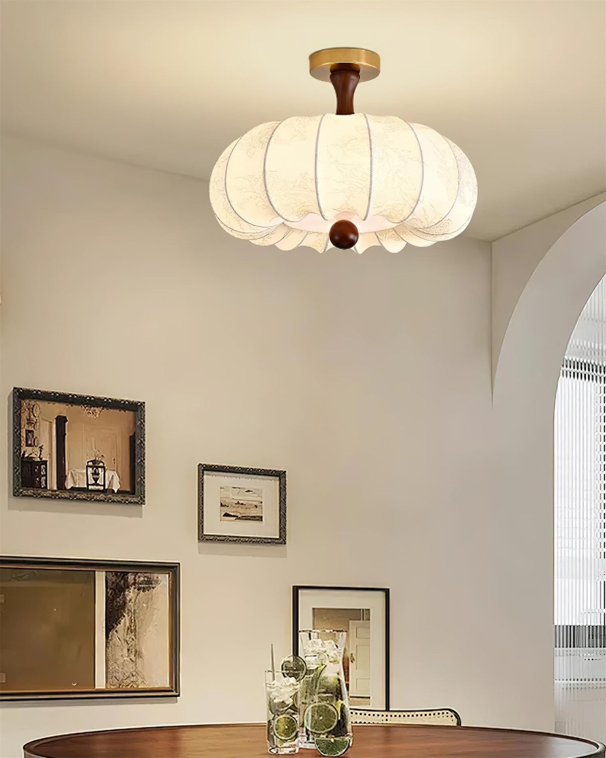 Ceiling Light Scalloped Fabric Shade Walnut Wood Canopy Vintage-Neutral Decor