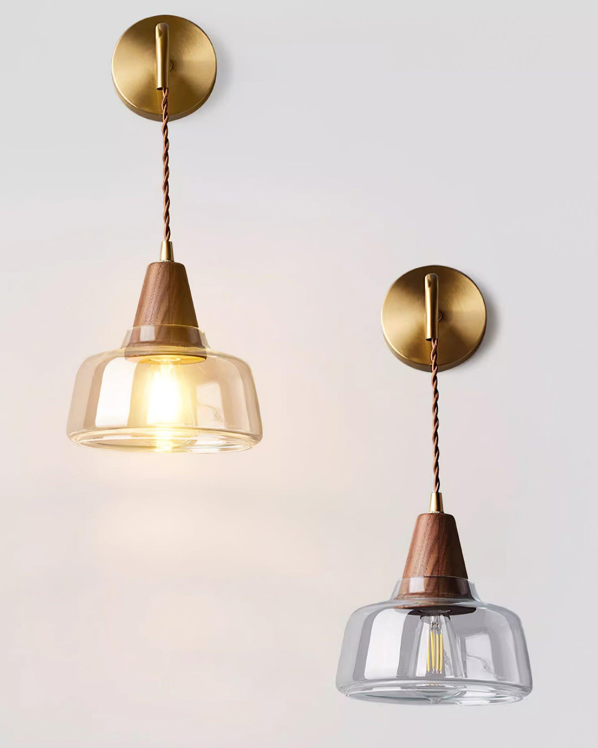 Wall Lamp Amber Glass Shade Tapered Walnut Accent Soft Glow Modern-Neutral Decor