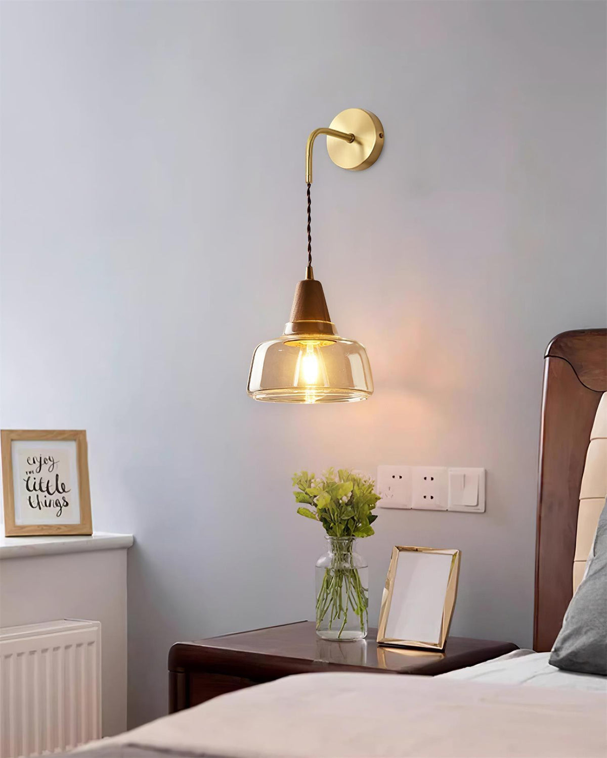 Wall Lamp Amber Glass Shade Tapered Walnut Accent Soft Glow Modern-Neutral Decor