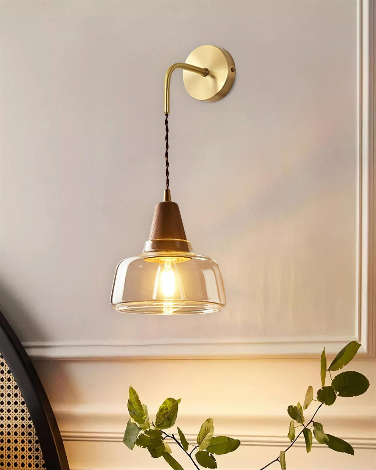 Wall Lamp Amber Glass Shade Tapered Walnut Accent Soft Glow Modern-Neutral Decor