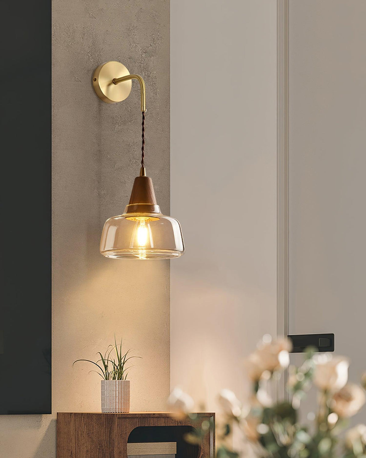 Wall Lamp Amber Glass Shade Tapered Walnut Accent Soft Glow Modern-Neutral Decor