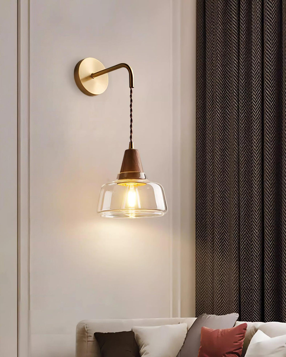 Wall Lamp Amber Glass Shade Tapered Walnut Accent Soft Glow Modern-Neutral Decor
