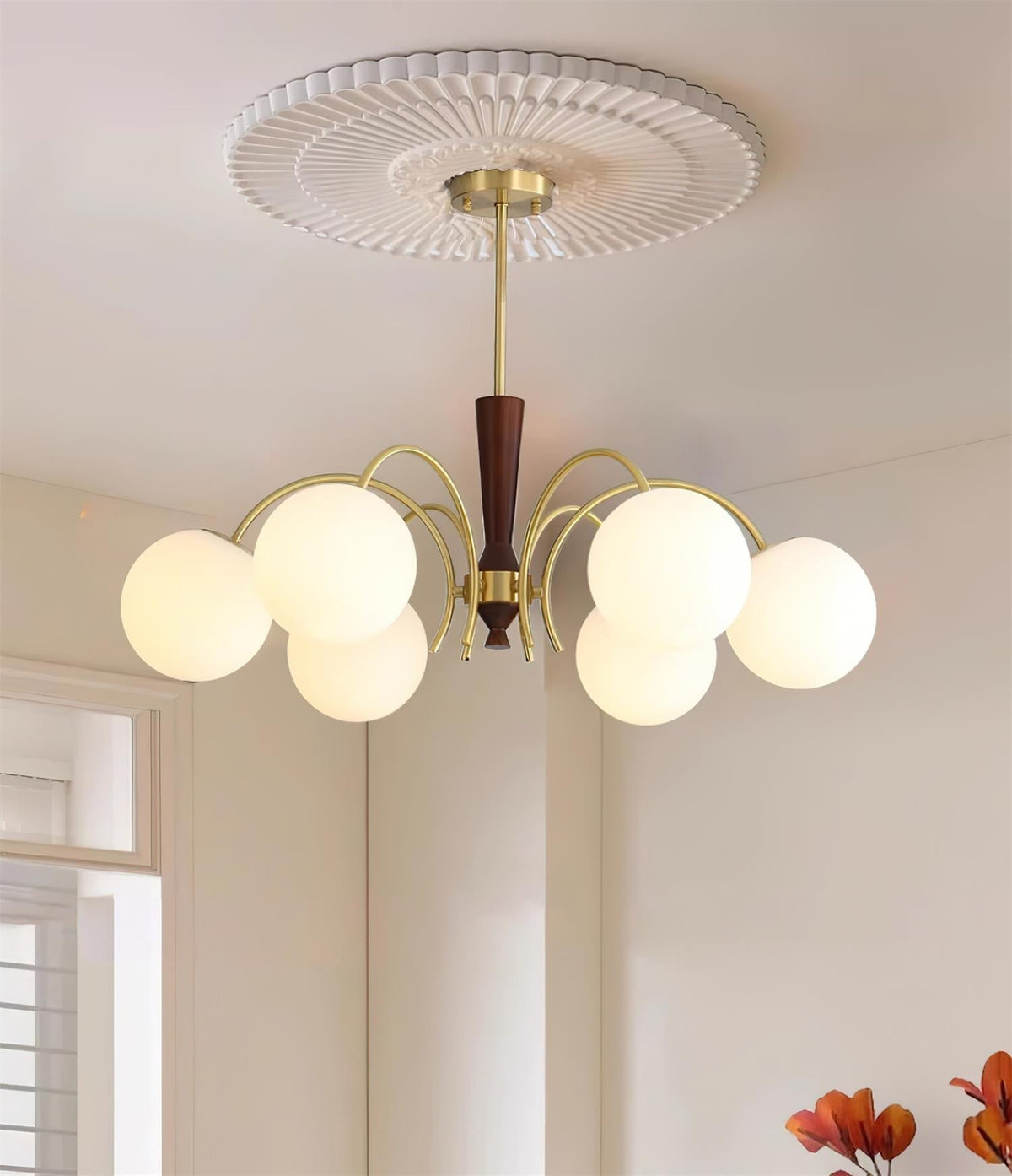 Veslo Brass and Wood Globe Chandelier-Neutral Decor