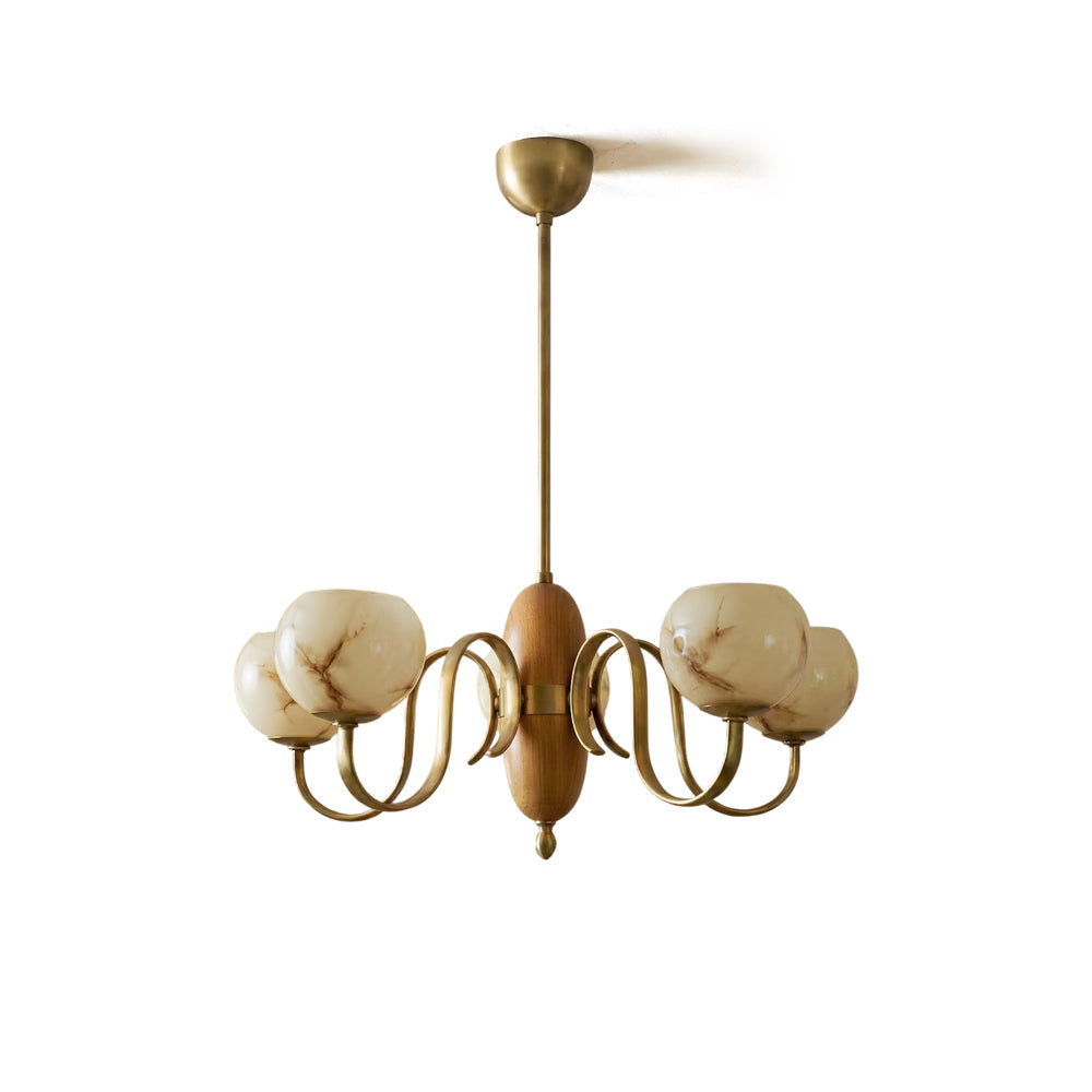 Linnea Glass Chandelier with walnut spindle and brass arms.