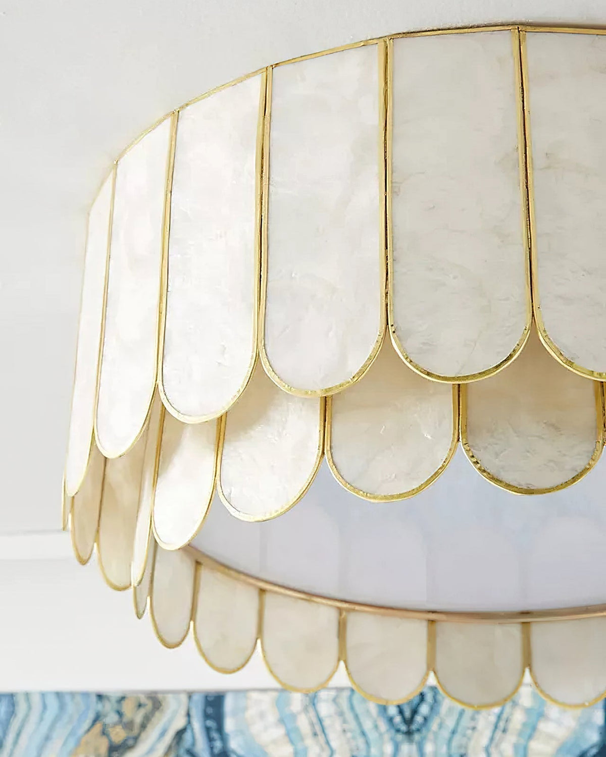 View of the Rosa Capiz Ceiling Lamp from below, showing the flower design.