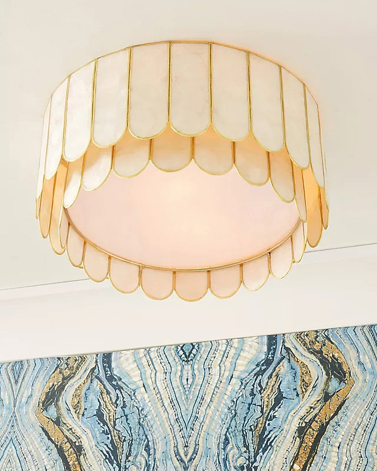 Rosa Capiz Ceiling Lamp installed in a coastal-style living room.