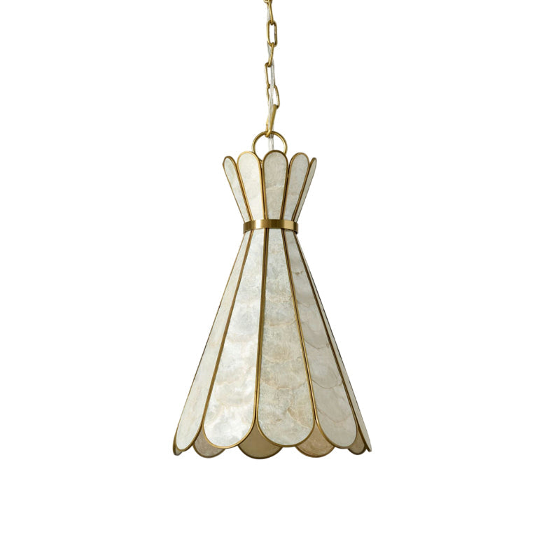 View of the lamp's cinched waist and tiered scalloped design.
