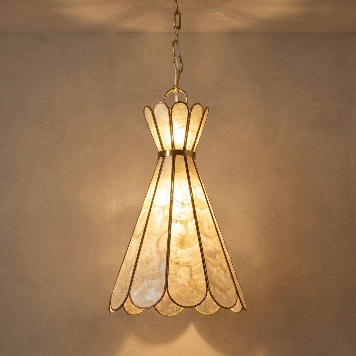 Close-up view of the delicate capiz shell petals on the Rosalind lamp.