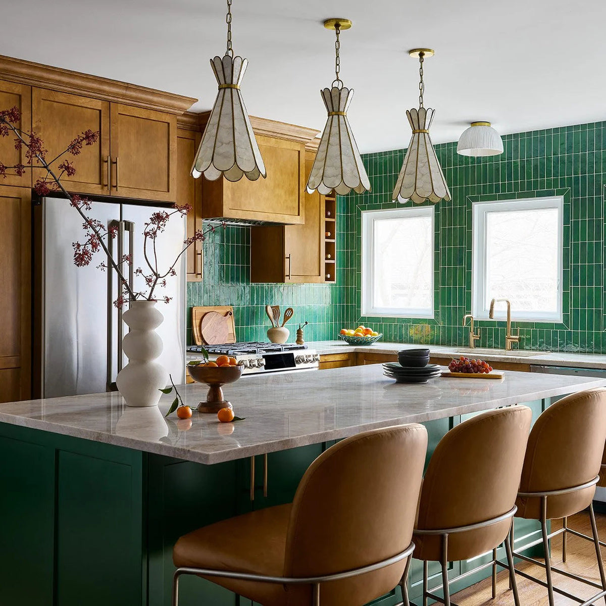 Side profile of the Rosalind Capiz Petal Pendant Lamp showcasing its flower-like shape.