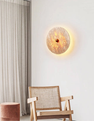 Round Travertine Disk Wall Lamp-Neutral Decor