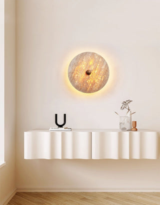 Round Travertine Disk Wall Lamp-Neutral Decor