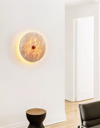 Round Travertine Disk Wall Lamp-Neutral Decor