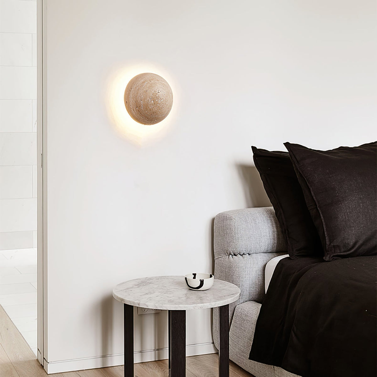 Ritta Round Travertine Wall Lamp-Neutral Decor