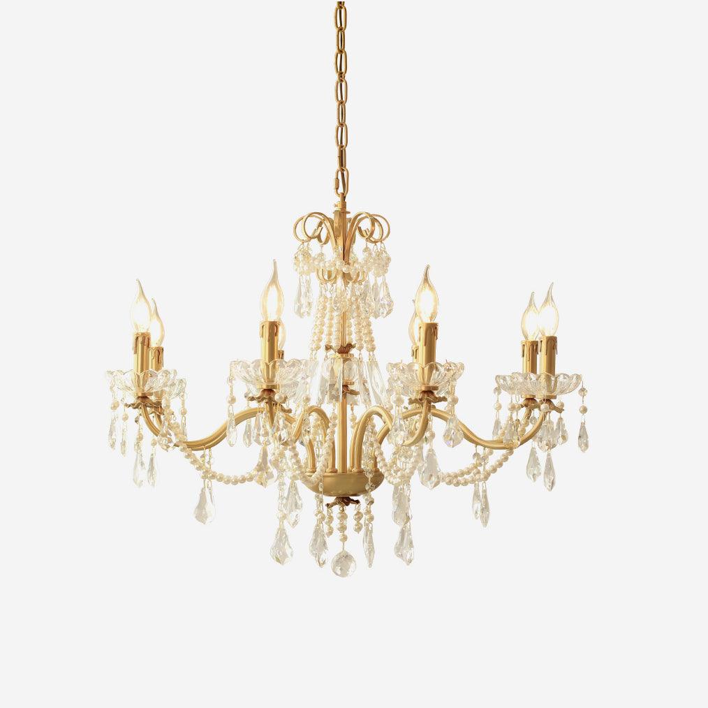 Chandelier Brass Body Crystal Pearl Drops Vintage Elegance-Neutral Decor