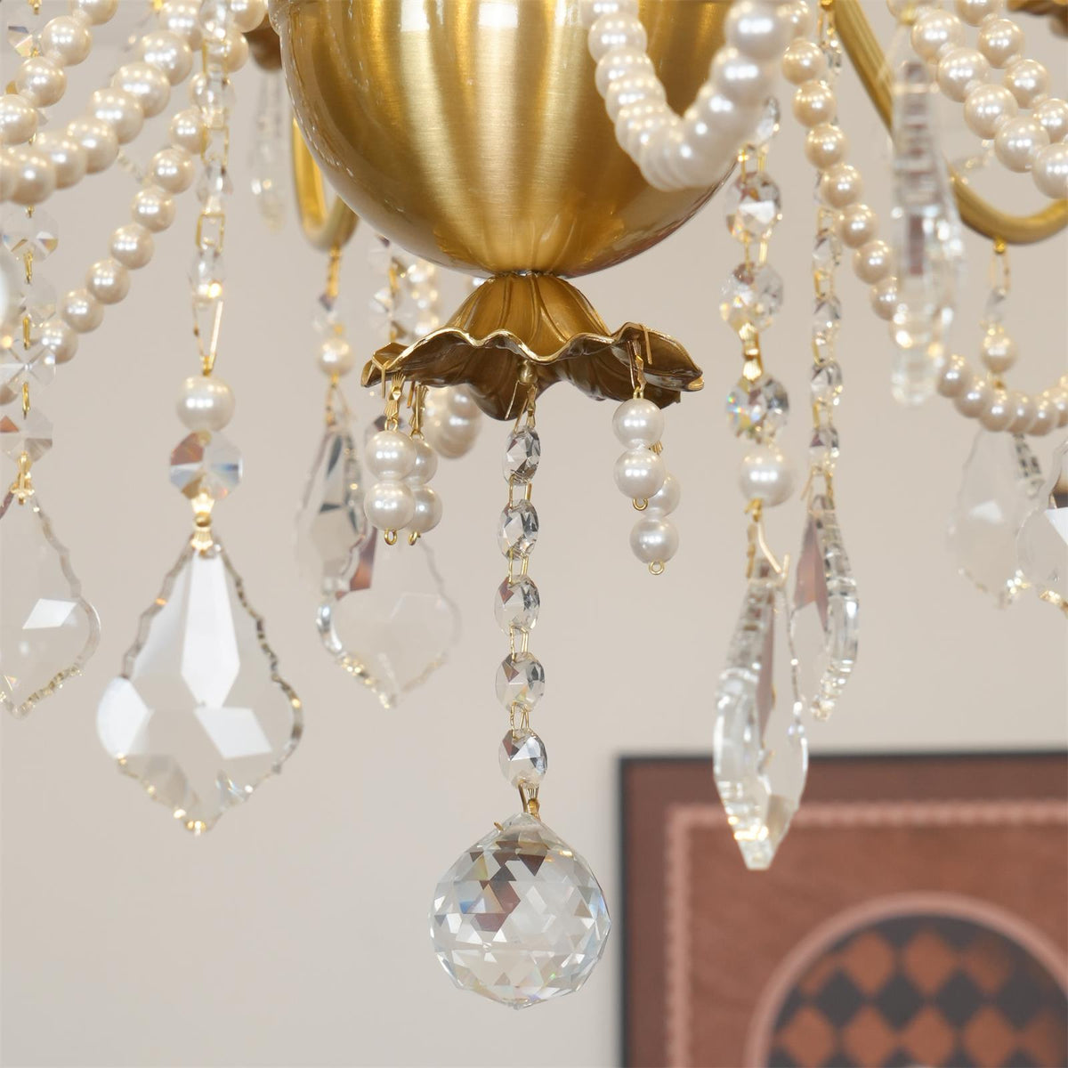 Chandelier Brass Body Crystal Pearl Drops Vintage Elegance-Neutral Decor