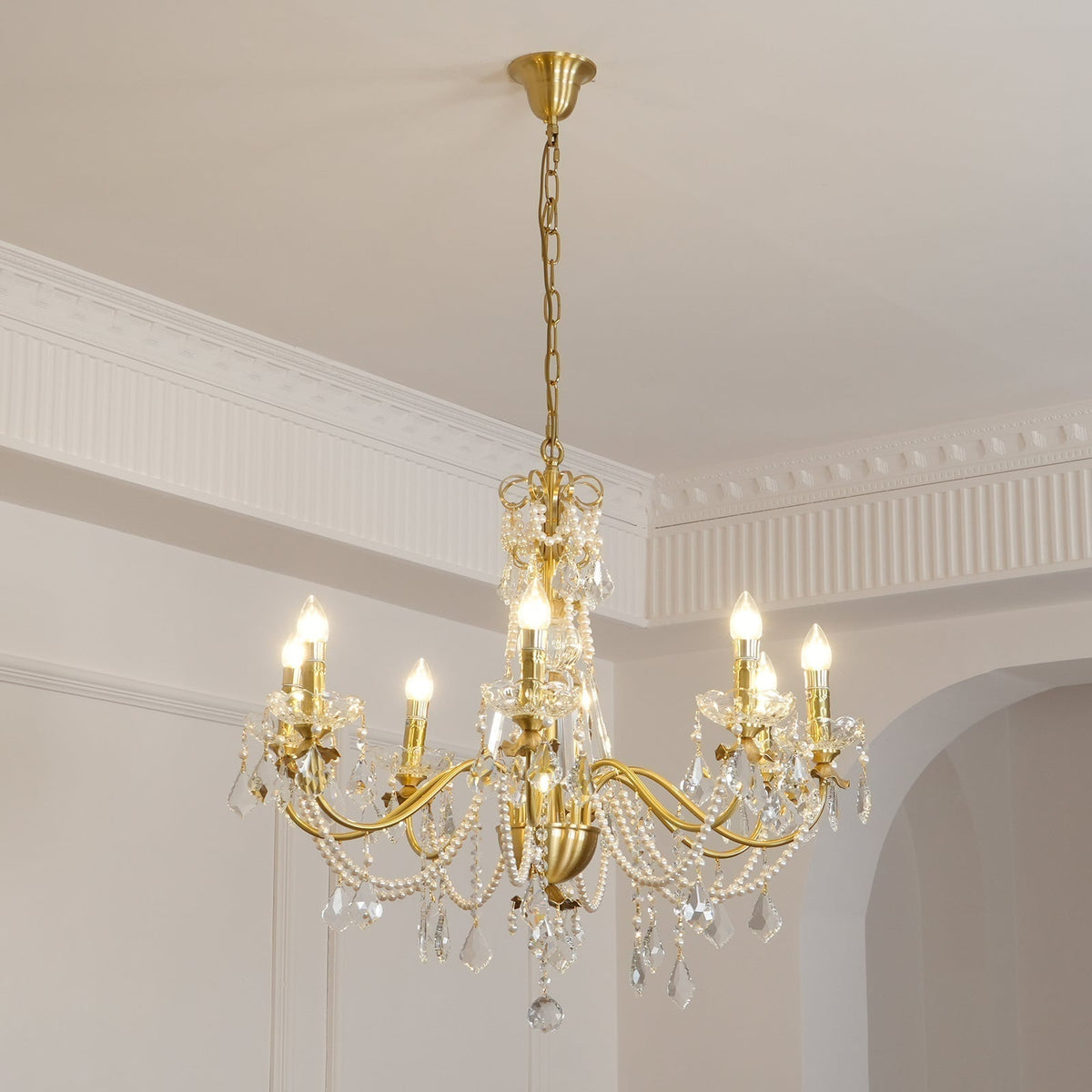 Chandelier Brass Body Crystal Pearl Drops Vintage Elegance-Neutral Decor