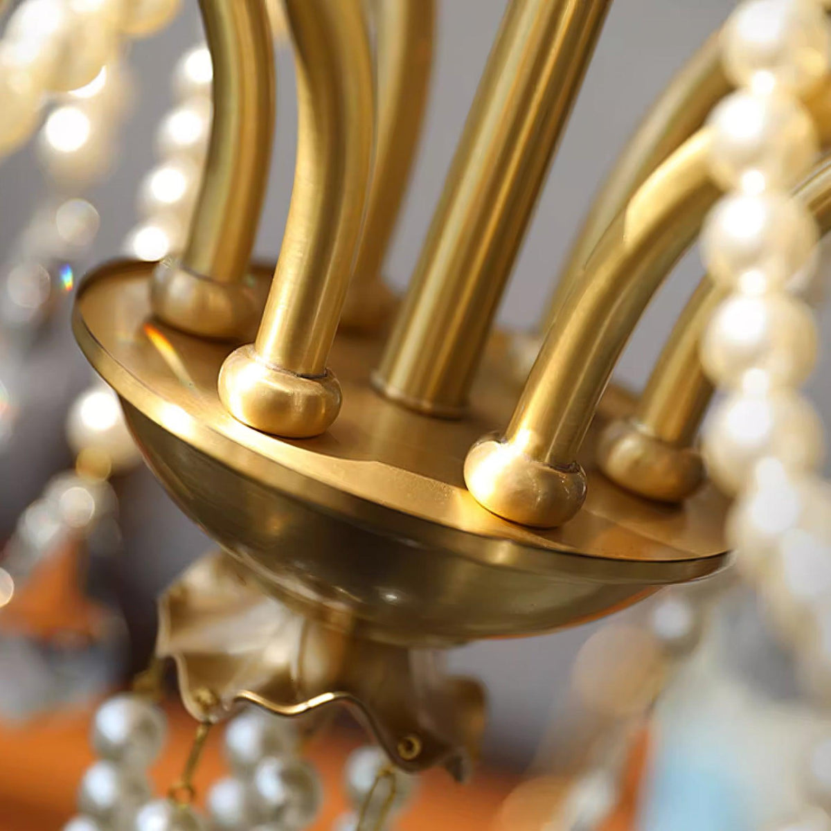 Chandelier Brass Body Crystal Pearl Drops Vintage Elegance-Neutral Decor