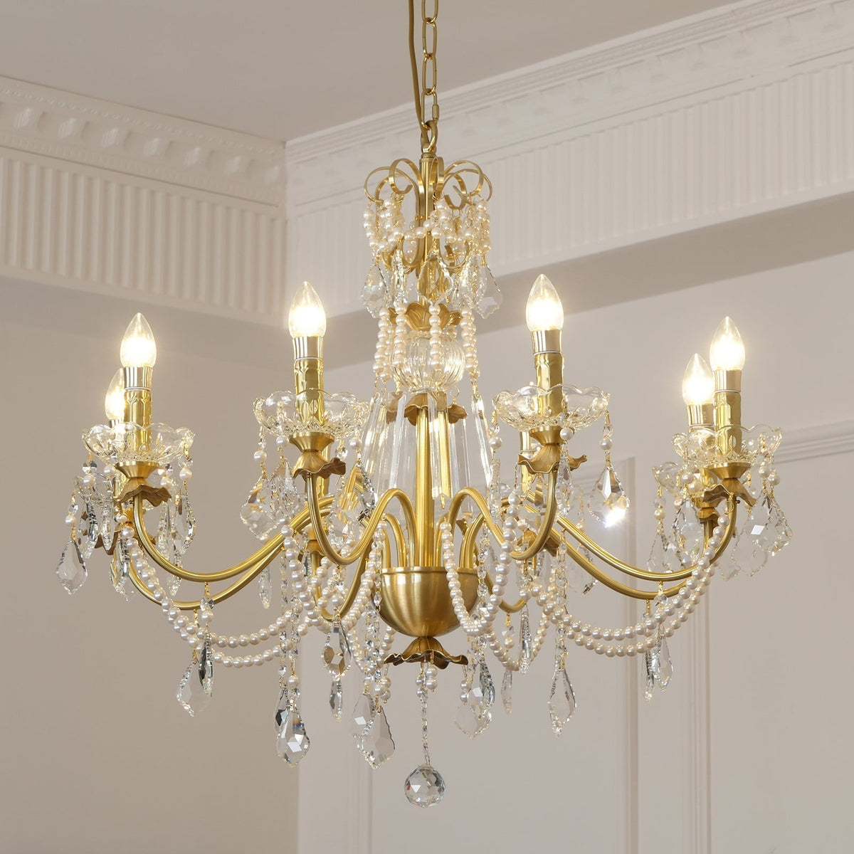 Chandelier Brass Body Crystal Pearl Drops Vintage Elegance-Neutral Decor