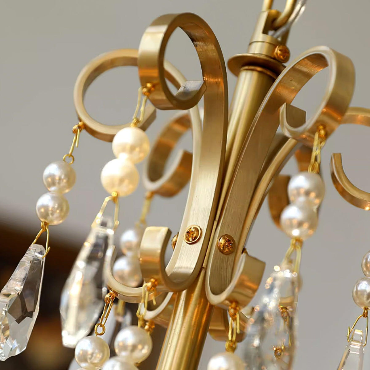 Chandelier Brass Body Crystal Pearl Drops Vintage Elegance-Neutral Decor