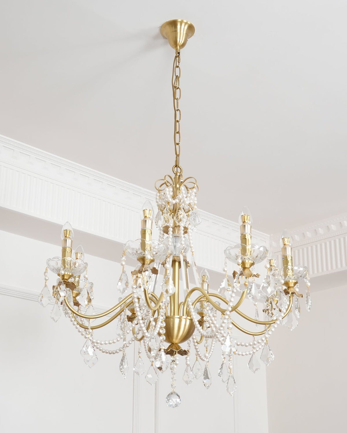Chandelier Brass Body Crystal Pearl Drops Vintage Elegance-Neutral Decor