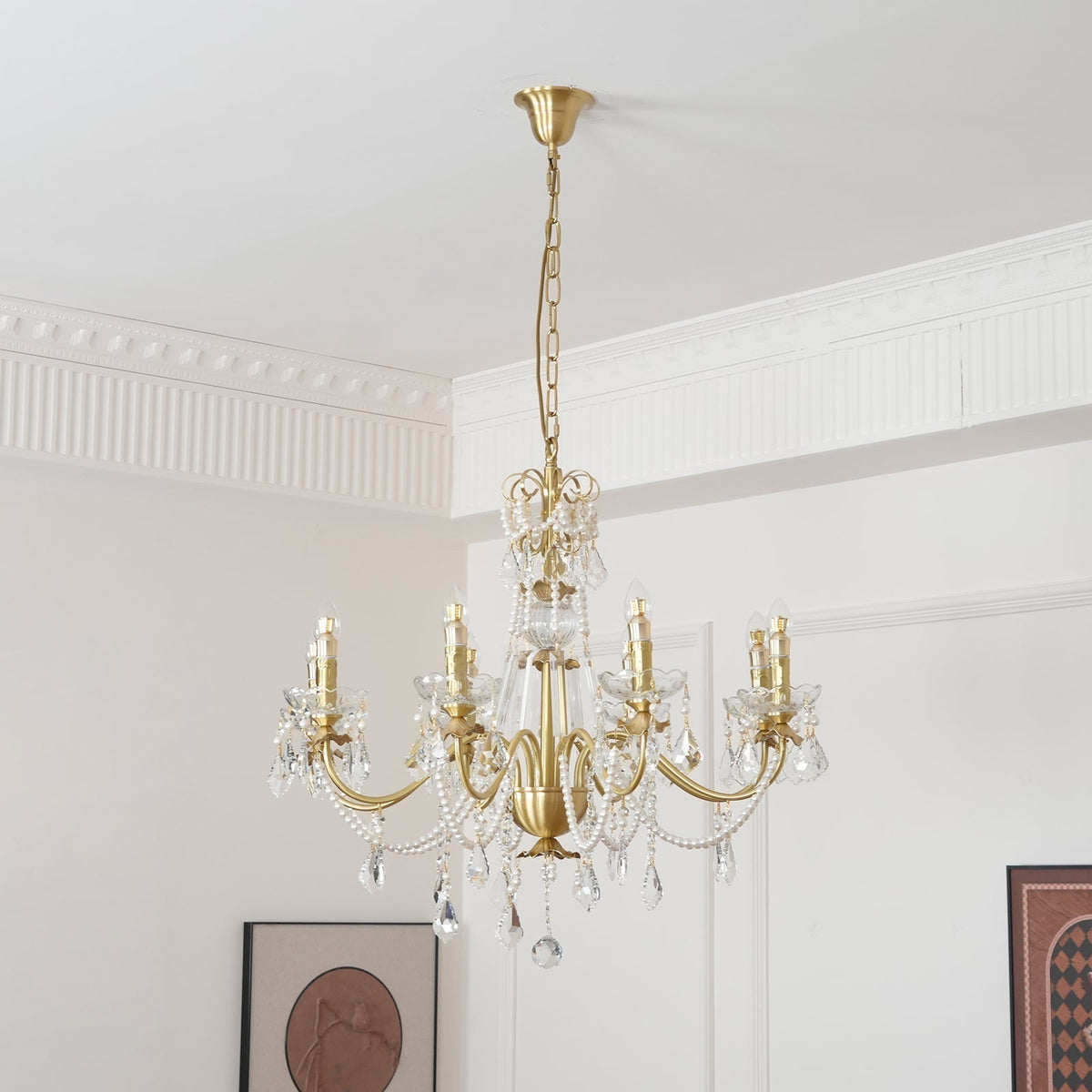 Chandelier Brass Body Crystal Pearl Drops Vintage Elegance-Neutral Decor