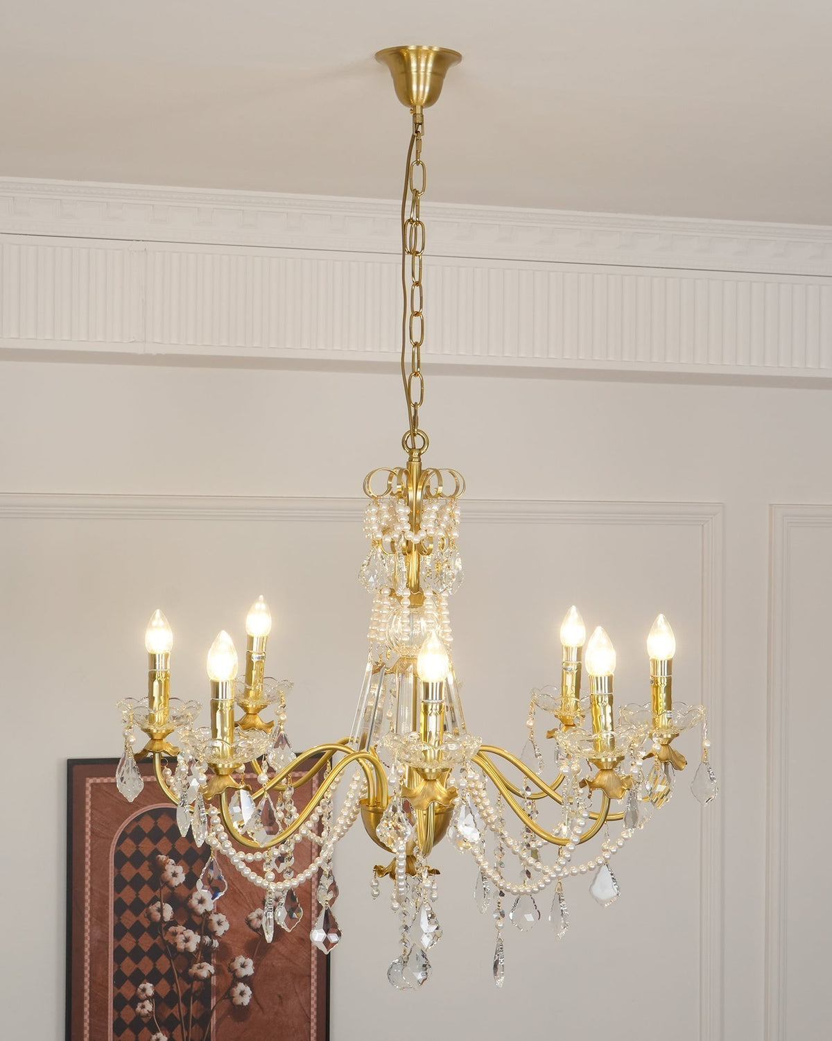 Chandelier Brass Body Crystal Pearl Drops Vintage Elegance-Neutral Decor