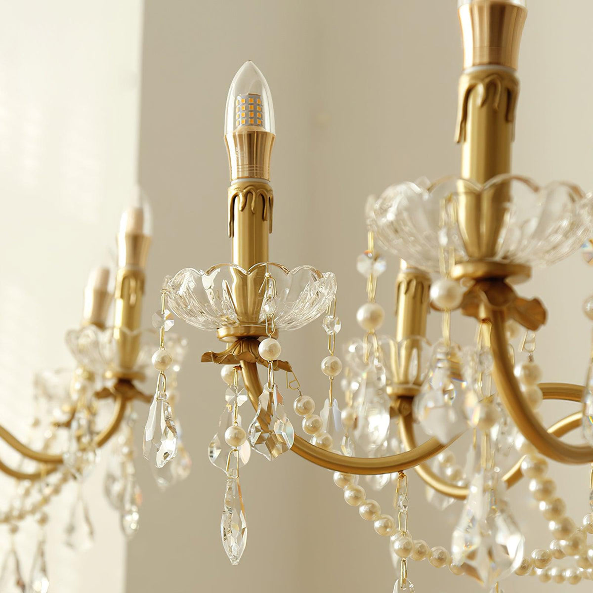 Chandelier Brass Body Crystal Pearl Drops Vintage Elegance-Neutral Decor